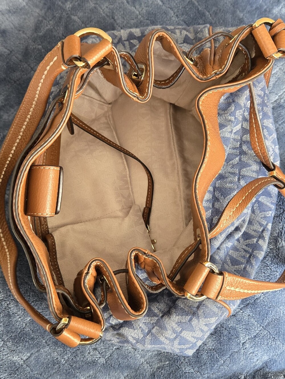 Vintage Michael Kors Denim MK Monogram and Tan Leather Drawstring Shoulder Bag - Picture 6 of 10